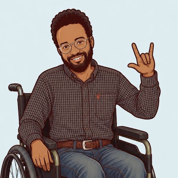 Illustration of Chaleb smiling in his wheelchair and signing “I love you” in ASL
