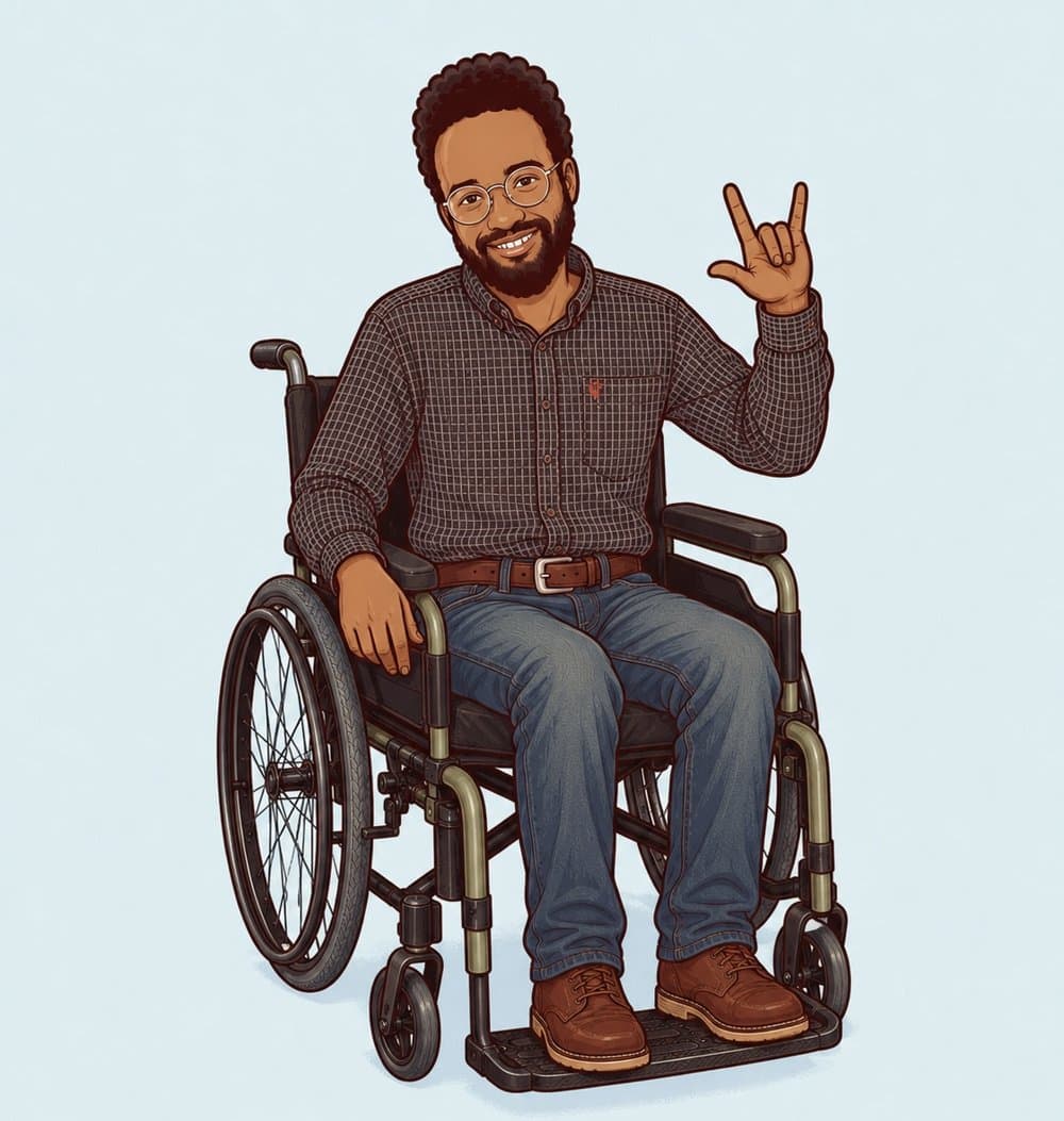 Illustration of Chaleb smiling in his wheelchair and signing “I love you” in ASL